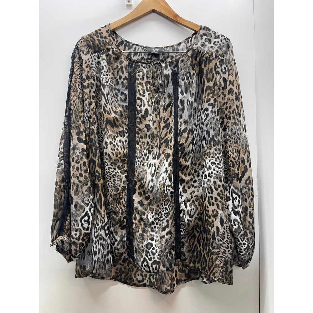 Alyx Women Leopard Print Lace Trim Long Sleeve Blouse Top 1X Brown Black